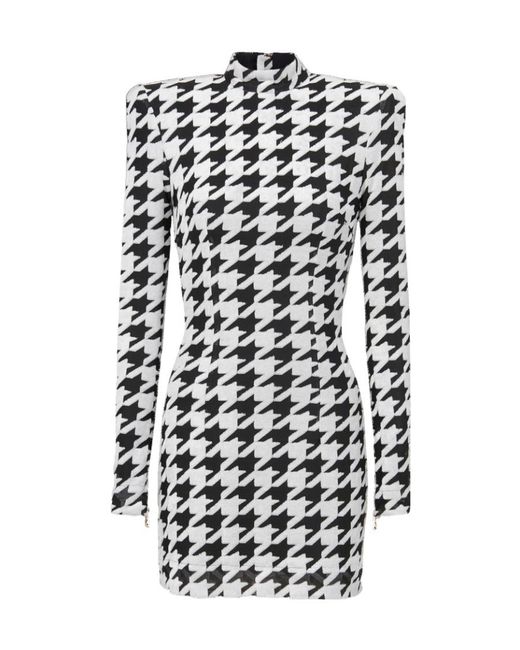 Balmain White Short Houndstooth Print Velvet Dress