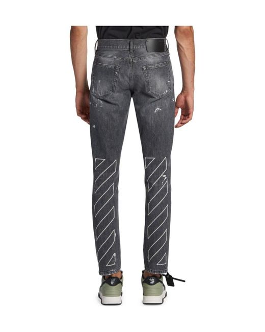 Off-White c/o Virgil Abloh Gray Diag-Striped Distressed Straight Leg Jeans for men