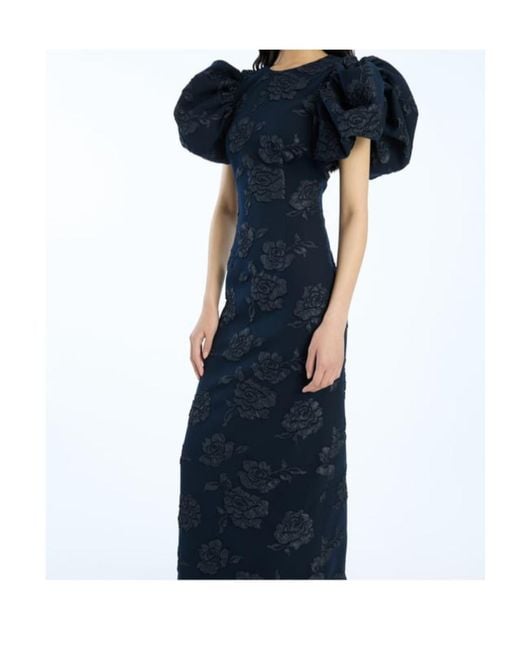 ROTATE BIRGER CHRISTENSEN Blue Floral Patterned Puff Sleeved Long Dress
