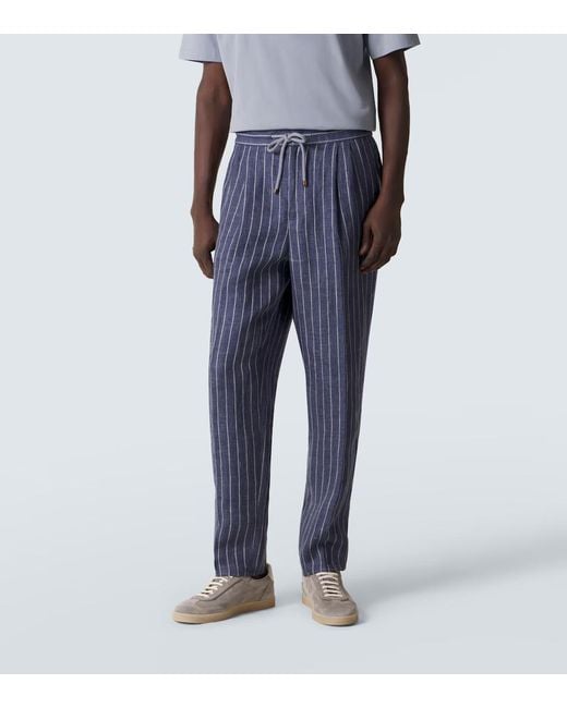Brunello Cucinelli Blue Striped Linen Straight Pants for men
