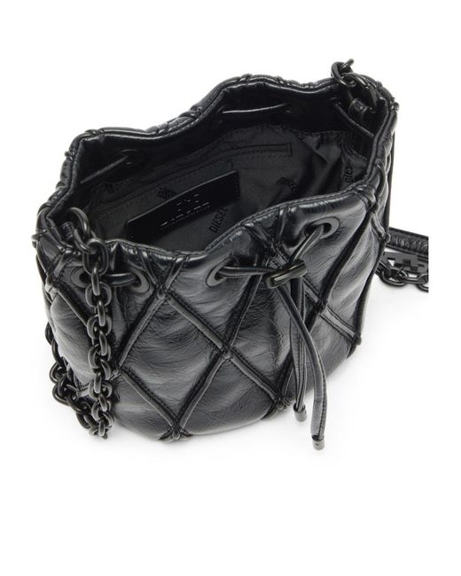 DIESEL Black Charm-D Diamond-Quilted Bucket Bag