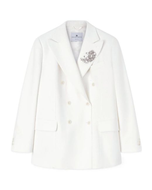 Ermanno Scervino White Double-Breasted Cadì Viscose Jacket With Daisy Brooch