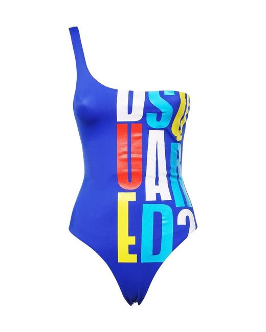 DSquared² Blue Logo-Print One-Shoulder One-Piece