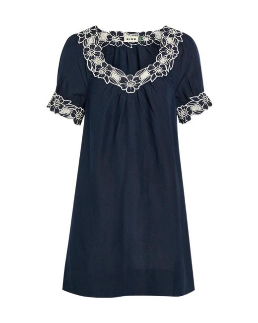 Rixo Blue Floral Hollow Lace Puff Sleeve Mini Dress