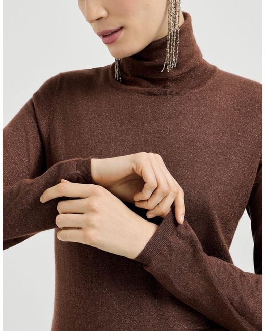 Brunello Cucinelli Brown Sparkling Cashmere And Silk Lightweight Turtleneck Sweater