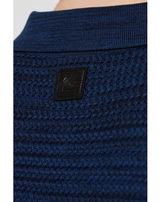 Etro Blue Textured Knit Polo Shirt for men