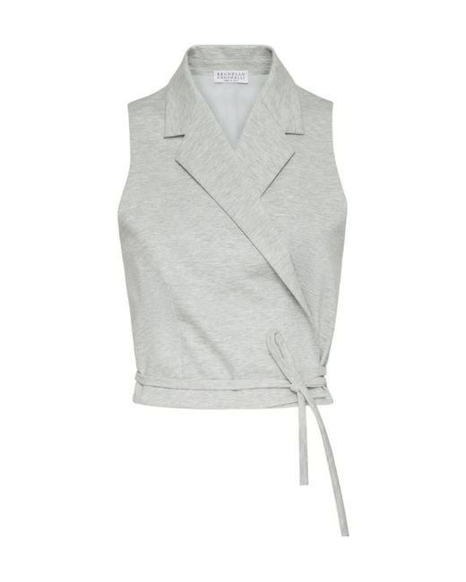 Brunello Cucinelli Gray Sleeveless Wrap Blouse