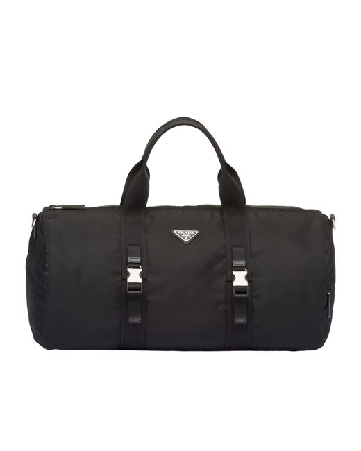 Prada Black Logo Plaque Zip-Up Duffle Bag for men