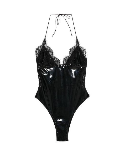 Oseree Black Latex Lace-Trim Swimsuit
