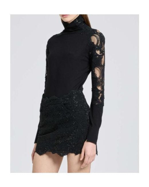 Ermanno Scervino Black Long-Sleeved Virgin Wool Turtleneck Sweater With Lace And Crystals