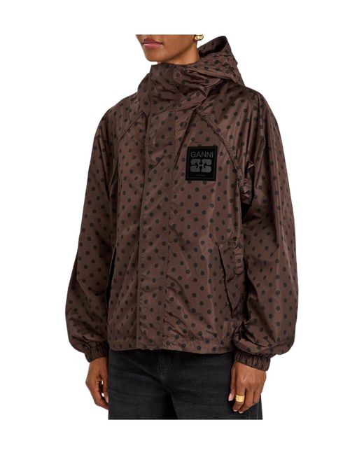Ganni Brown Polka Dot Hooded Shell Jacket