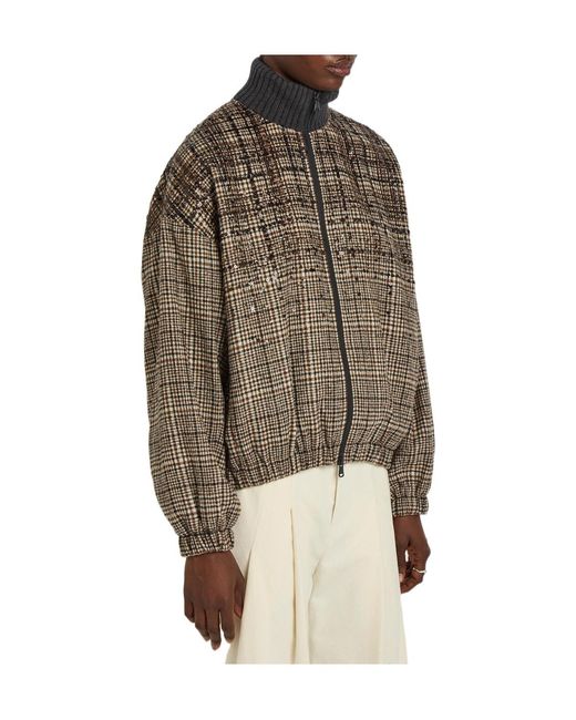 Brunello Cucinelli Brown Padded Houndstooth Alpaca-Blend Bomber Jacket
