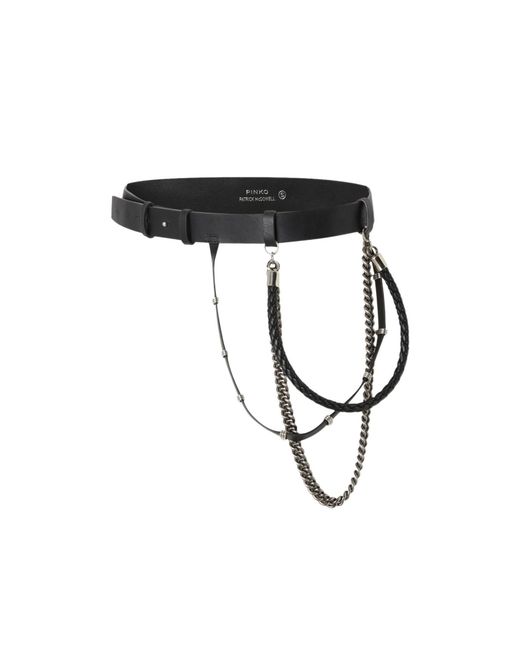 Pinko Black Leather Belt With Chains And Straps, 3 Cm
