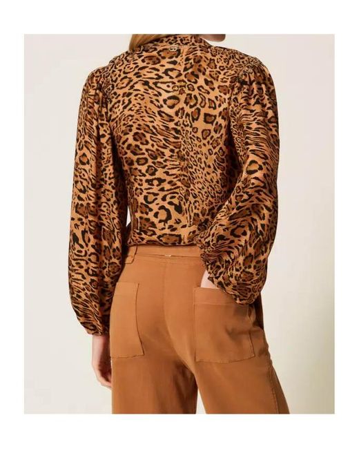 Twinset Brown Leopard-Print Mock-Neck Shirt