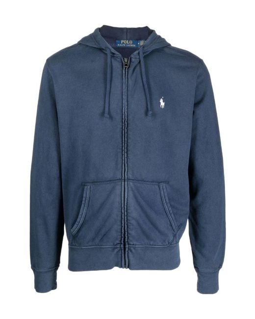 Polo Ralph Lauren Blue Pony Embroidered Zipped Drawstring Hoodie for men