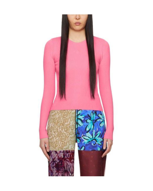 MARINE SERRE Pink Long-Sleeved Ribbed Sweater