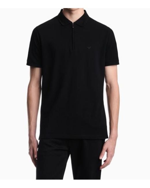 Emporio Armani Black Zip-Fastening Logo-Patch Polo Shirt for men