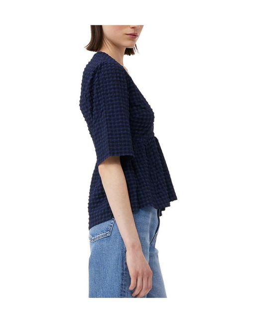 Ganni Blue Checkered Seersucker V-Neck Peplum Blouse