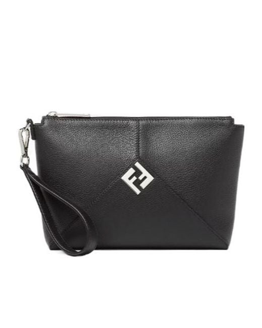 Fendi Black Lui Logo Plaque Zipped Clutch Bag for men