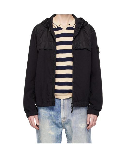 Stone Island Black Logo Patch Hooded Windbreaker for men
