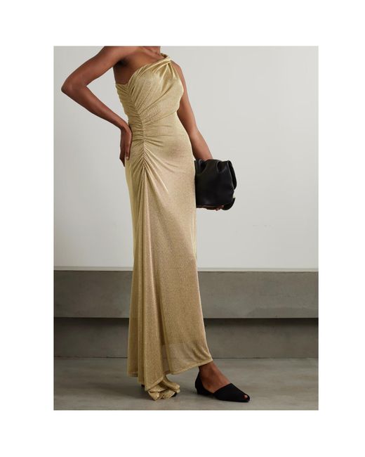 TOVE Natural Vivien One-Shoulder Ruched Metallic Knitted Maxi Dress