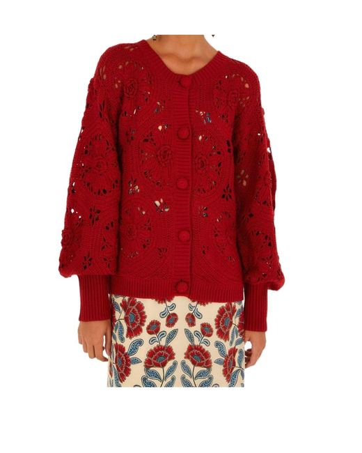 Farm Rio Red Crochet Floral Cardigan