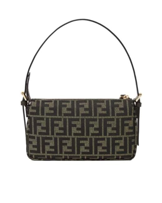 Fendi Black Ff Jacquard Zipper Top Small Shoulder Bag