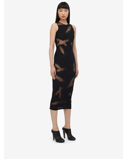 McQueen Black Feather-Intarsia Sleeveless Pencil Dress