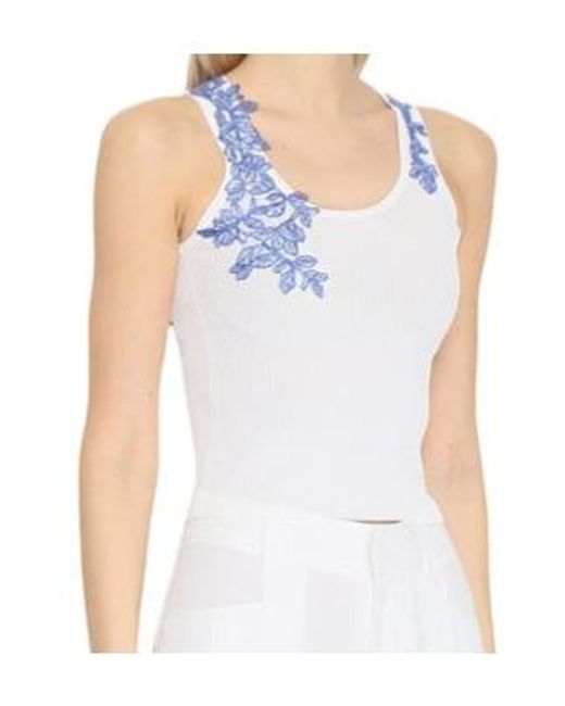 ERMANNO FIRENZE Blue Lace Embroidery Ribbed Top