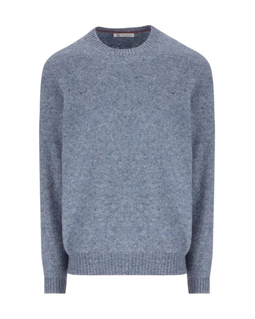 Brunello Cucinelli Blue Mottled Crew Neck Knitted Sweater for men