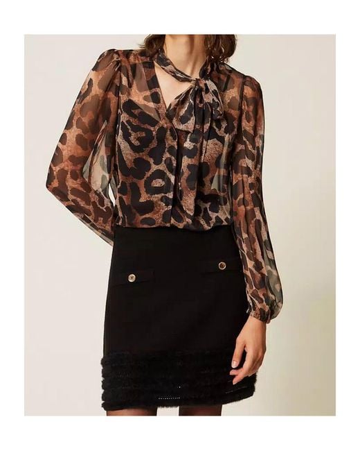 Twinset Brown Animal-Print Sheer Shirt