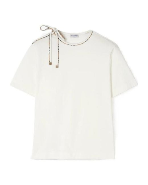 Burberry White Tie-Sleeve Check Trim T-Shirt