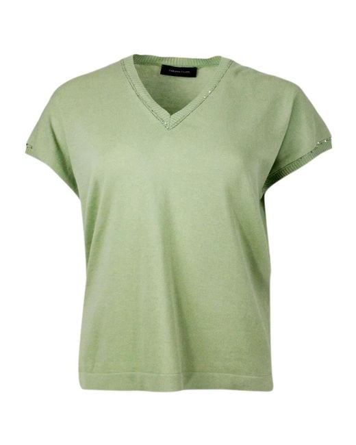 Fabiana Filippi Green Sequin-Detailed V-Neck Knitted Top