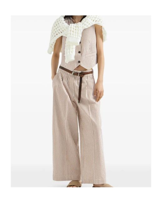 Brunello Cucinelli White Techno-Cotton Striped Seersucker Vest With Monili