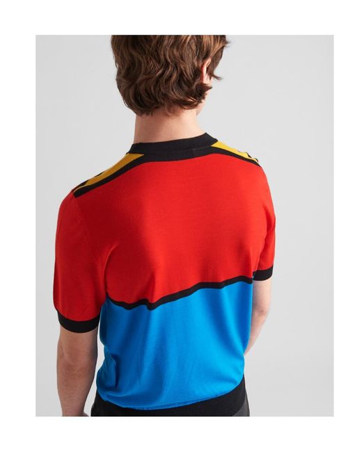 Prada Red Colour-Block Crewneck Knitted T-Shirt for men