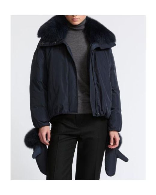 Yves Salomon Blue Short Technical Fabric Down Jacket With Detachable Fox Fur Collar