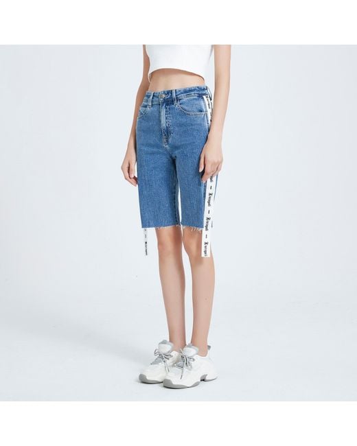 LIU REGALI Blue Long Ribbon Denim Shorts On The Side