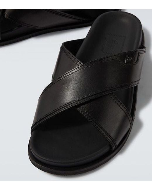 Brioni Black Criss-Cross Leather Slides for men