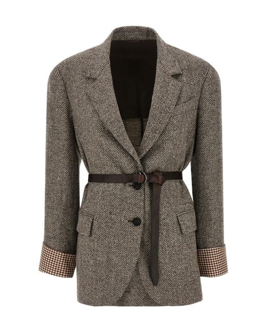 Brunello Cucinelli Brown Peak Lapel Belted Blazer