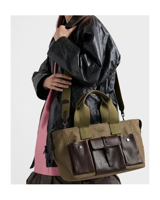 Prada Black Route Large Canvas And Leather Tote Bag