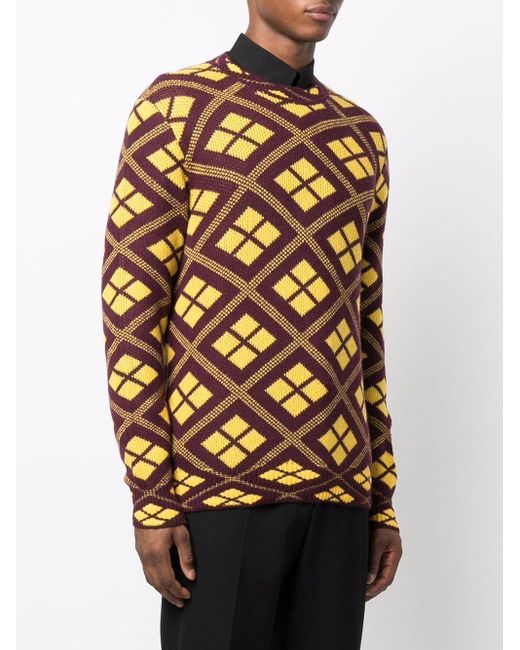 Prada Brown Geometric-Pattern Jacquard-Knit Jumper for men