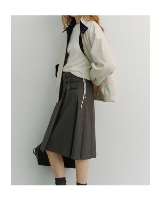 DUNST Gray Buckled Pleated Midi Skirt