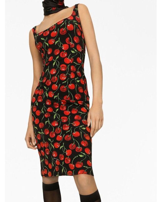 Dolce & Gabbana Red Cherry-Print Knee-Length Dress