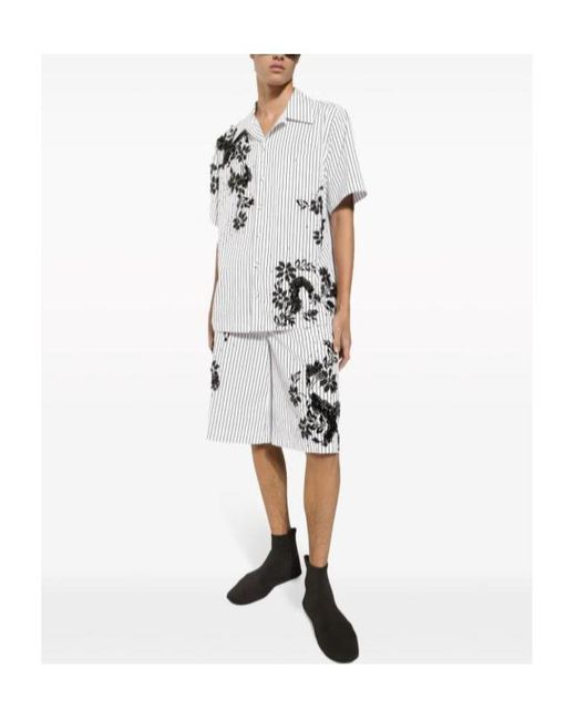 Dolce & Gabbana White Striped Poplin Hawaiian Shirt With Embroidery for men