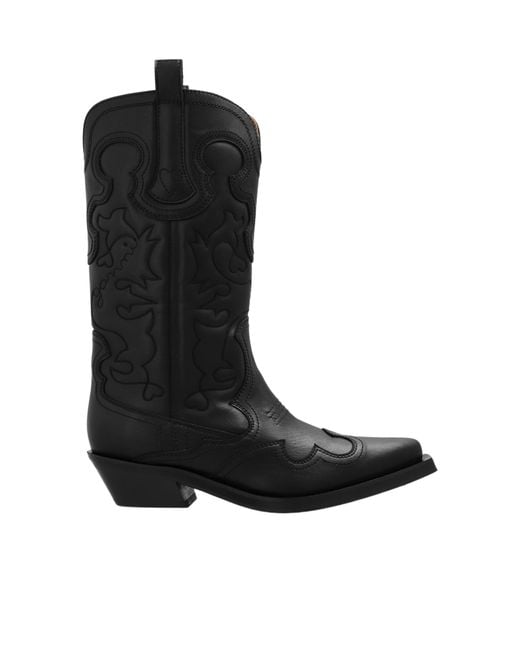 Ganni Black Cowboy Boots With A Pattern