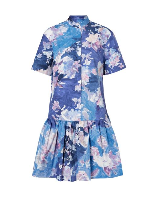 Erdem Blue Floral Peplum Cotton Poplin Minidress