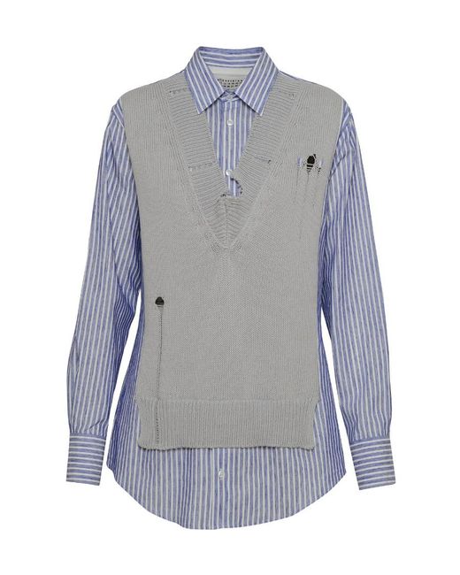 Maison Margiela Blue V-Neck Destroyed Effect Spliced Shirt