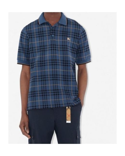 Burberry Blue Cotton Check Polo Shirt for men