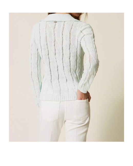 Twinset Blue Polo-Collar Cable-Knit Sweater