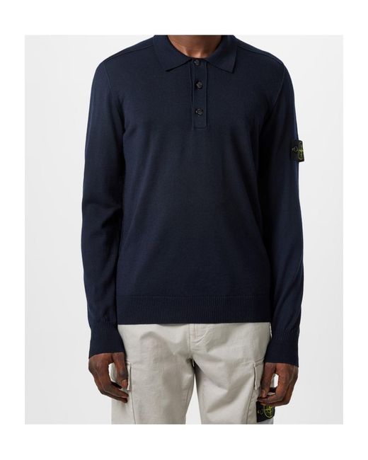 Stone Island Blue Button Wool Polo Shirt for men